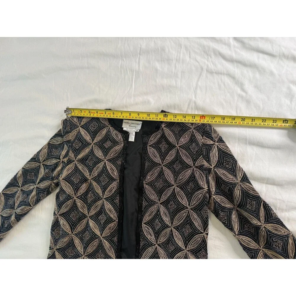 Papell Boutique Silk Beaded Art Deco Evening Jacket Black Gold Open Front Size S - Picture 12 of 13